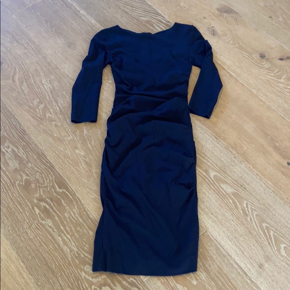 Nicole Miller stretchy, ruched dress in navy